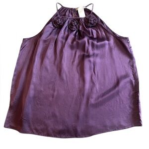 Kenar Silk Sleeveless Blouse |‎ Deep Purple with Floral Neckline | Size Large